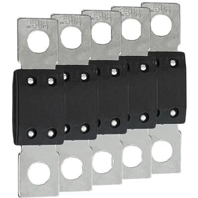 Offgridtec Set 5 fusibili MEGA 250 A 70 V per sistemi CC 48 V, fusibili a lama con terminali in rame, bassa resistenza di contatto, protezione scintille, montaggio a vite, RoHS e UL Offgridtec Set 5 fusibili MEGA 250 A 70 V per sistemi CC 48 V, fusibili a lama con terminali in rame, bassa resistenza di contatto, protezione scintille, montaggio a vite, RoHS e UL