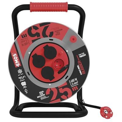 EMOS Avvolgicavo da 25 m in lamiera d'acciaio 4 prese francesi Impermeabile, resistente agli urti, all'olio e alle intemperie 230 V, 16 A, 3680 W Isolamento in gomma H07RN-F 1,5 mm2 IP44 EMOS Avvolgicavo da 25 m in lamiera d'acciaio 4 prese francesi Impermeabile, resistente agli urti, all'olio e alle intemperie 230 V, 16 A, 3680 W Isolamento in gomma H07RN-F 1,5 mm2 IP44