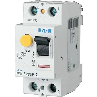 Eaton INTERRUTTORE DIFFERENZIALE BIANCO MANETTA NERO, 2 POLI, 63 A/30 MA, tipo AC Attacco a vite 264286 () Eaton INTERRUTTORE DIFFERENZIALE BIANCO MANETTA NERO, 2 POLI, 63 A/30 MA, tipo AC Attacco a vite 264286 ()