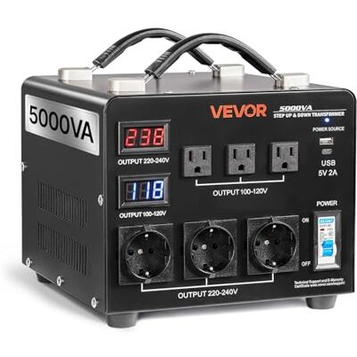 VEVOR Trasformatore da 220 V a 110 V e da 110 V a 220 V, Trasformatore di Tensione Step-up Step-down Automatico, 5000 VA, con 3 Prese USA, 3 Prese UE, Display LCD, Cavo di Alimentazione VEVOR Trasformatore da 220 V a 110 V e da 110 V a 220 V, Trasformatore di Tensione Step-up Step-down Automatico, 5000 VA, con 3 Prese USA, 3 Prese UE, Display LCD, Cavo di Alimentazione