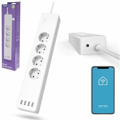 Hama Multipresa connessa WiFi intelligente (multipresa USB 4 prese 10 A + 4 USB, 2300 W, programmabile tramite app, 1,7 m, prese Alexa Google Home, misurazione conso elettrico, senza hub) bianco Hama Multipresa connessa WiFi intelligente (multipresa USB 4 prese 10 A + 4 USB, 2300 W, programmabile tramite app, 1,7 m, prese Alexa Google Home, misurazione conso elettrico, senza hub) bianco