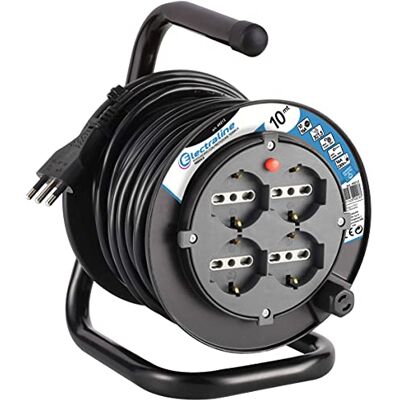 Electraline prolunga elettrica con avvolgicavo 10M 4 prese polivalenti P40 (Schuko + 10/16A), spina grande 16A, con protezione Electraline prolunga elettrica con avvolgicavo 10M 4 prese polivalenti P40 (Schuko + 10/16A), spina grande 16A, con protezione