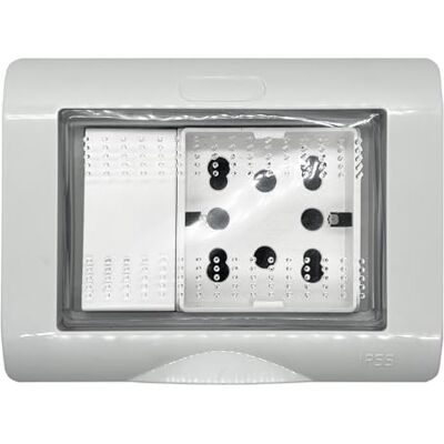 Electron Scatola da esterno da parete, 3 moduli, con presa multistandard schuko 10A 16A e modulo 4 in 1, interruttore, deviatore, invertitore e pulsante, IP55 per esterno, idrobox, con sportello trasparente Electron Scatola da esterno da parete, 3 moduli, con presa multistandard schuko 10A 16A e modulo 4 in 1, interruttore, deviatore, invertitore e pulsante, IP55 per esterno, idrobox, con sportello trasparente