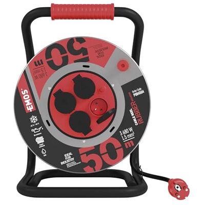 EMOS Avvolgicavo da 50 m in lamiera d'acciaio 4 prese francesi Impermeabile, resistente agli urti, all'olio e alle intemperie 230 V, 16 A, 3680 W Isolamento in gomma H07RN-F 1,5 mm2 IP44 EMOS Avvolgicavo da 50 m in lamiera d'acciaio 4 prese francesi Impermeabile, resistente agli urti, all'olio e alle intemperie 230 V, 16 A, 3680 W Isolamento in gomma H07RN-F 1,5 mm2 IP44