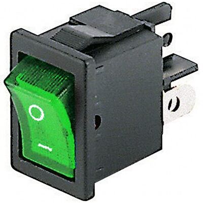 ELCART Interruttore bipolare a bilanciere DPST bipolare ON-OFF con tasto luminoso verde e con terminali faston 4,8mm, foro di montaggio 19x13mm, 250V 6A ELCART Interruttore bipolare a bilanciere DPST bipolare ON-OFF con tasto luminoso verde e con terminali faston 4,8mm, foro di montaggio 19x13mm, 250V 6A