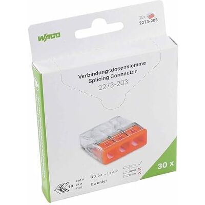 WAGO Morsetti di collegamento 2273-203/995-030 3 conduttori, fino a 2,5 mm², 30 pezzi, morsetti di collegamento COMPACT per conduttori a filo singolo, sicurezza applicativa confermata, forma più WAGO Morsetti di collegamento 2273-203/995-030 3 conduttori, fino a 2,5 mm², 30 pezzi, morsetti di collegamento COMPACT per conduttori a filo singolo, sicurezza applicativa confermata, forma più