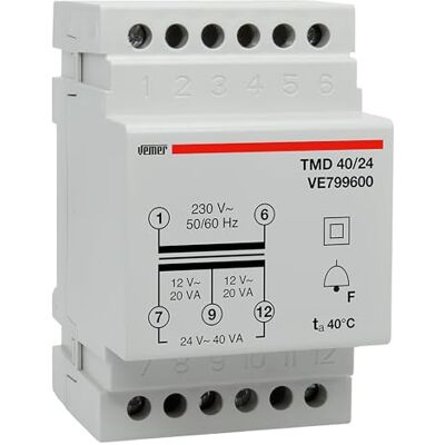 VEMER TMD 40/24 Trasformatore 24V per Campanelli, Installazione su Barra DIN, Tensione Primario 230V, Tensione Secondario 12-24V, Potenza 40VA, Bianco VEMER TMD 40/24 Trasformatore 24V per Campanelli, Installazione su Barra DIN, Tensione Primario 230V, Tensione Secondario 12-24V, Potenza 40VA, Bianco