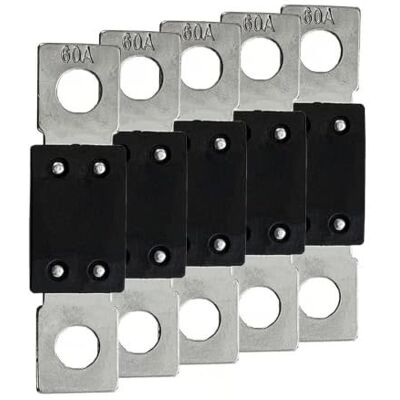 Offgridtec Set 5 fusibili MEGA 60 A 70 V per sistemi CC 48 V, fusibili a lama con terminali in rame, bassa resistenza di contatto, protezione scintille, montaggio a vite, RoHS e UL Offgridtec Set 5 fusibili MEGA 60 A 70 V per sistemi CC 48 V, fusibili a lama con terminali in rame, bassa resistenza di contatto, protezione scintille, montaggio a vite, RoHS e UL