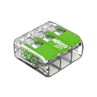 WAGO Green Range 221-423 Morsetto a 3 conduttori, fino a 4 mm², morsetti di collegamento a 3 poli con leva, per tutti i tipi di conduttori, 50 pezzi WAGO Green Range 221-423 Morsetto a 3 conduttori, fino a 4 mm², morsetti di collegamento a 3 poli con leva, per tutti i tipi di conduttori, 50 pezzi