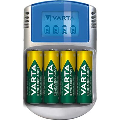 Varta Caricabatterie LCD per AA/AAA con 4 Batterie AA 2600 mAh, Adattatore 12V e Cavo USB Inclusi Varta Caricabatterie LCD per AA/AAA con 4 Batterie AA 2600 mAh, Adattatore 12V e Cavo USB Inclusi