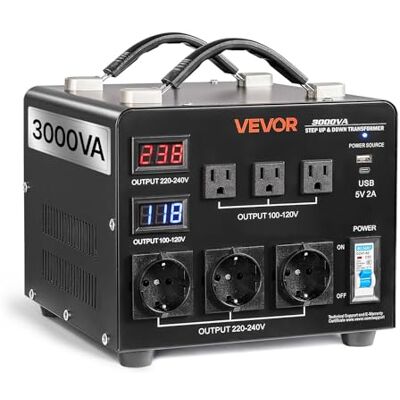 VEVOR Trasformatore da 220 V a 110 V e da 110 V a 220 V, Trasformatore di Tensione Step-up Step-down Automatico, 3000 VA, con 3 Prese USA, 3 Prese UE, Display LCD, Cavo di Alimentazione VEVOR Trasformatore da 220 V a 110 V e da 110 V a 220 V, Trasformatore di Tensione Step-up Step-down Automatico, 3000 VA, con 3 Prese USA, 3 Prese UE, Display LCD, Cavo di Alimentazione
