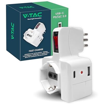 V-TAC Multipresa Elettrica USB C Power Delivery 20W + Porta + 1 Presa Laterale 10/16A Bipasso e 1 Frontale 10/16A Bipasso Schuko Adatatore Multipresa Type-C per Casa, Ufficio V-TAC Multipresa Elettrica USB C Power Delivery 20W + Porta + 1 Presa Laterale 10/16A Bipasso e 1 Frontale 10/16A Bipasso Schuko Adatatore Multipresa Type-C per Casa, Ufficio
