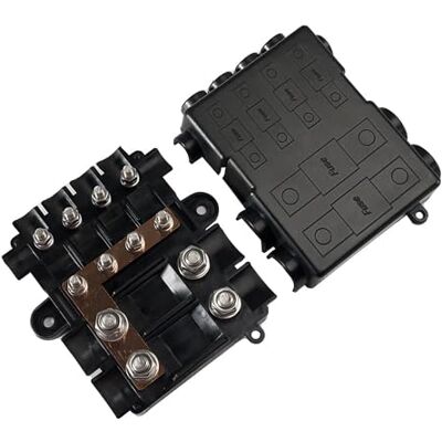 Offgridtec Portafusibili per 2 mega + 4 fusibili Midi, con busbar, alloggiamento in poliammide con coperchio, robusto fusibile di distribuzione dell'alimentazione per circuiti alti e medi Offgridtec Portafusibili per 2 mega + 4 fusibili Midi, con busbar, alloggiamento in poliammide con coperchio, robusto fusibile di distribuzione dell'alimentazione per circuiti alti e medi