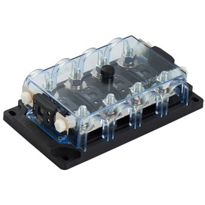 Offgridtec Portafusibile MEGA 4 vie con alloggiamento fusibile di ricambio, blocco alta corrente 32V DC (40-500A), terminali M8, montaggio superficiale, plastica robusta, coperchio trasparente Offgridtec Portafusibile MEGA 4 vie con alloggiamento fusibile di ricambio, blocco alta corrente 32V DC (40-500A), terminali M8, montaggio superficiale, plastica robusta, coperchio trasparente