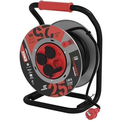 EMOS Avvolgicavo per esterni, in lamiera d'acciaio, 25 m, cavo in gomma H07RN, 1,5 mm2 (neoprene) con 4 prese Schuko, IP44, impermeabile, per esterni, industria, cantieri EMOS Avvolgicavo per esterni, in lamiera d'acciaio, 25 m, cavo in gomma H07RN, 1,5 mm2 (neoprene) con 4 prese Schuko, IP44, impermeabile, per esterni, industria, cantieri