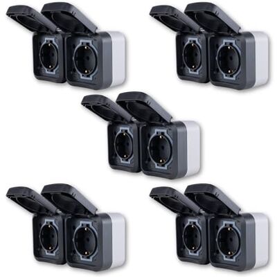REV AquaStorm Set risparmio di 5 prese doppie, per ambienti umidi, IP55, a due poli, da parete, orizzontale, 230 V, 16 A, antracite REV AquaStorm Set risparmio di 5 prese doppie, per ambienti umidi, IP55, a due poli, da parete, orizzontale, 230 V, 16 A, antracite