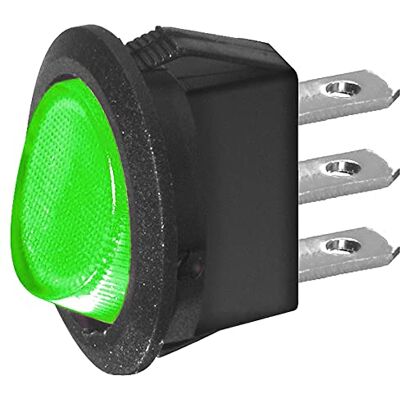 ELCART Interruttore unipolare a bilanciere SPST unipolare ON-OFF con tasto luminoso verde e con terminali faston 4,8mm, foro di montaggio diametro 20mm, 250V 6,5A ELCART Interruttore unipolare a bilanciere SPST unipolare ON-OFF con tasto luminoso verde e con terminali faston 4,8mm, foro di montaggio diametro 20mm, 250V 6,5A