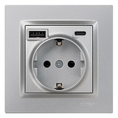 Simon – Spina da incasso Schuko + 2 porte USB A+C (10,5 W), serie 10, 250 V, 16 A, presa da parete con ricarica aggiuntiva, include telaio, coperchio e meccanismo, colore alluminio Simon – Spina da incasso Schuko + 2 porte USB A+C (10,5 W), serie 10, 250 V, 16 A, presa da parete con ricarica aggiuntiva, include telaio, coperchio e meccanismo, colore alluminio