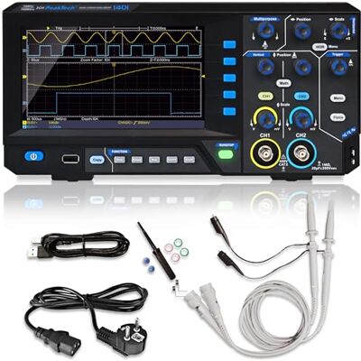 PeakTech 1401, oscilloscopio digitale a memoria, 2 canali, 10 MHz, 100 MS/s, interfaccia USB, software per PC, P 1401, nero PeakTech 1401, oscilloscopio digitale a memoria, 2 canali, 10 MHz, 100 MS/s, interfaccia USB, software per PC, P 1401, nero