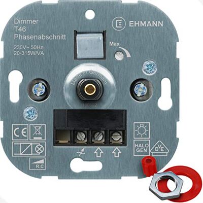 EHMANN Dimmer da Incasso, Sezione di Fase, 230 V, 50 Hz, Potenza 20-315 W/VA, con Adattatore per Programmazione di Interruttore EHMANN Dimmer da Incasso, Sezione di Fase, 230 V, 50 Hz, Potenza 20-315 W/VA, con Adattatore per Programmazione di Interruttore