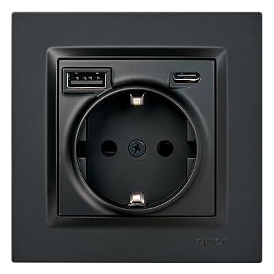 Simon – Spina da incasso Schuko + 2 porte USB A+C (10,5 W), serie 10, 250 V, 16 A, presa da parete con ricarica aggiuntiva, include telaio, coperchio e meccanismo, colore nero opaco Simon – Spina da incasso Schuko + 2 porte USB A+C (10,5 W), serie 10, 250 V, 16 A, presa da parete con ricarica aggiuntiva, include telaio, coperchio e meccanismo, colore nero opaco