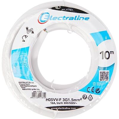Electraline Cavo per Prolunghe H05VV-F, Sezione 3G1.5 mm, 10 mt, Bianco Electraline Cavo per Prolunghe H05VV-F, Sezione 3G1.5 mm, 10 mt, Bianco
