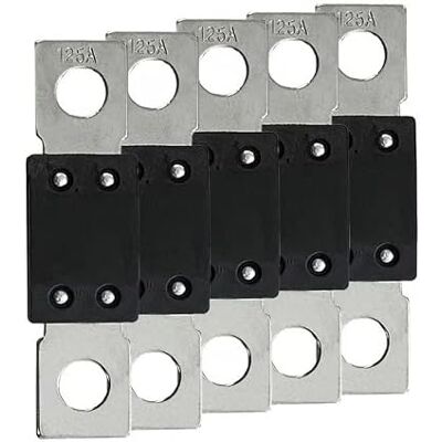 Offgridtec Set 5 fusibili MEGA 125 A 70 V per sistemi CC 48 V, fusibili a lama con terminali in rame, bassa resistenza di contatto, protezione scintille, montaggio a vite, RoHS e UL Offgridtec Set 5 fusibili MEGA 125 A 70 V per sistemi CC 48 V, fusibili a lama con terminali in rame, bassa resistenza di contatto, protezione scintille, montaggio a vite, RoHS e UL