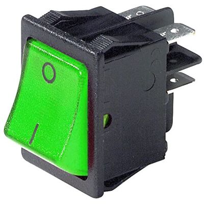 ELCART Interruttore bipolare a bilanciere DPST bipolare ON-OFF con tasto luminoso verde e con terminali faston 6,35mm, foro di montaggio 29x22mm, 250V 16A ELCART Interruttore bipolare a bilanciere DPST bipolare ON-OFF con tasto luminoso verde e con terminali faston 6,35mm, foro di montaggio 29x22mm, 250V 16A