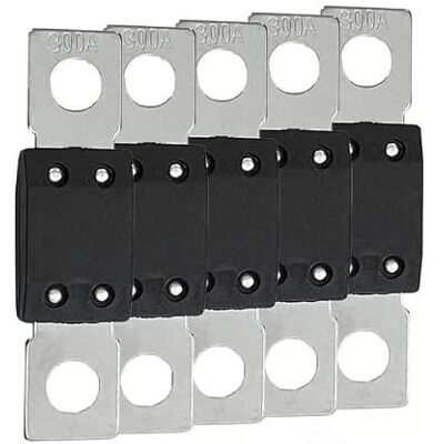 Offgridtec Set 5 fusibili MEGA 300 A 70 V per sistemi CC 48 V, fusibili a lama con terminali in rame, bassa resistenza di contatto, protezione scintille, montaggio a vite, RoHS e UL Offgridtec Set 5 fusibili MEGA 300 A 70 V per sistemi CC 48 V, fusibili a lama con terminali in rame, bassa resistenza di contatto, protezione scintille, montaggio a vite, RoHS e UL