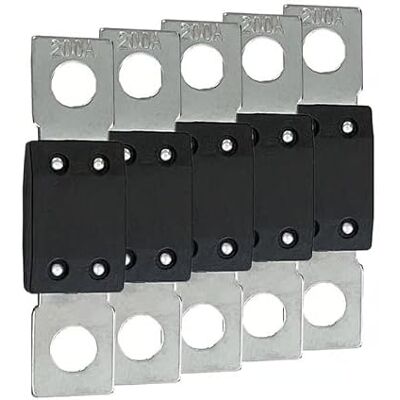 Offgridtec Set 5 fusibili MEGA 200 A 70 V per sistemi CC 48 V, fusibili a lama con terminali in rame, bassa resistenza di contatto, protezione scintille, montaggio a vite, RoHS e UL Offgridtec Set 5 fusibili MEGA 200 A 70 V per sistemi CC 48 V, fusibili a lama con terminali in rame, bassa resistenza di contatto, protezione scintille, montaggio a vite, RoHS e UL