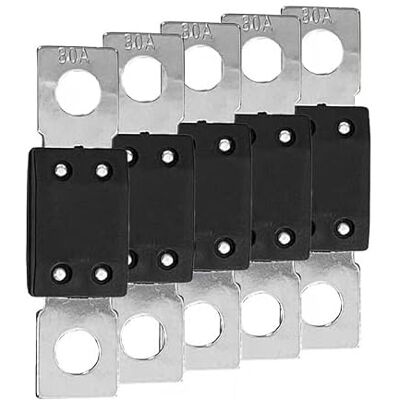 Offgridtec Set 5 fusibili MEGA 80 A 70 V per sistemi CC 48 V, fusibili a lama con terminali in rame, bassa resistenza di contatto, protezione scintille, montaggio a vite, RoHS e UL Offgridtec Set 5 fusibili MEGA 80 A 70 V per sistemi CC 48 V, fusibili a lama con terminali in rame, bassa resistenza di contatto, protezione scintille, montaggio a vite, RoHS e UL