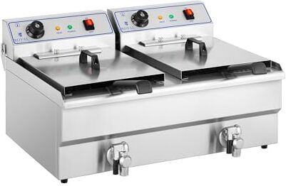 Royal Catering RCSF-16DTH Friggitrice Professionale Friggitrice Elettrica Doppia (2 x 16 L, 2 x 6.000W, 380V, 200°C, Rubinetto di Scarico, Acciaio Inox)