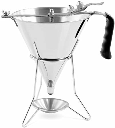 Royal Catering RC-OF04 Imbuto di riempimento da 1,8 l, in acciaio INOX, apertura dosatore: 4,5,6 mm, supporto con vaschetta di raccolta, imbuto per liquori