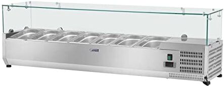 Royal Catering Vetrina Refrigerata RCKV-150/33-7 (150 x 33 cm, 44 L, 7 x contenitori GN 1/4, 2-10 °C, 115 W, R600a, Termostato, Copertura in vetro, Funzione automatica di sbrinamento)