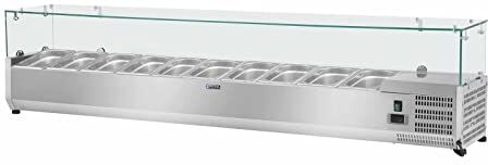 Royal Catering Vetrina Refrigerata RCKV-200/33-10 (200 x 33 cm, 70 L, 10 x contenitori GN 1/4, 2-10 °C, 125 W, R600a, Termostato, Copertura in vetro, Funzione automatica di sbrinamento)