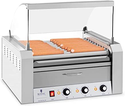 Royal Catering Cuoci Hot Dog con 11 Rulli e Cassetto Scaldavivande, Acciaio inox