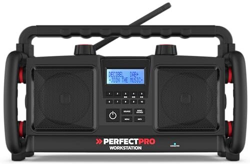 Perfectpro Stazione radio da cantiere, DAB+, ricezione Bluetooth e FM, radio con ingresso AUX e USB, corrente di rete, ricaricabile, resistente agli urti, IP65,