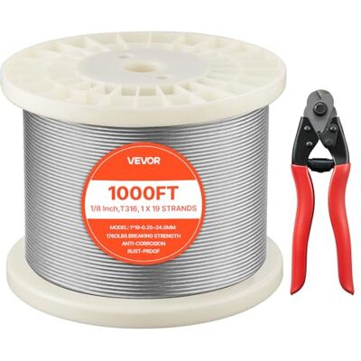 VEVOR Cavo Metallico da 3,2 mm, Lunghezza 152 m, Cavo in Acciaio Inossidabile 316 con Taglierina, Resistenza alla Rottura 798 kg, Struttura a 1 x 19 Trefoli, per Sistema di Ringhiere per Ponti VEVOR Cavo Metallico da 3,2 mm, Lunghezza 152 m, Cavo in Acciaio Inossidabile 316 con Taglierina, Resistenza alla Rottura 798 kg, Struttura a 1 x 19 Trefoli, per Sistema di Ringhiere per Ponti