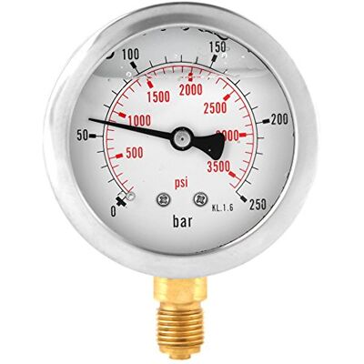 Walfront Manometro Idraulico Glicerina con Piastra Quadrante di 63mm con Filettatura G1 / 4 con Doppia Scala a 0-250 Psi / 0-3750 Bar Walfront Manometro Idraulico Glicerina con Piastra Quadrante di 63mm con Filettatura G1 / 4 con Doppia Scala a 0-250 Psi / 0-3750 Bar