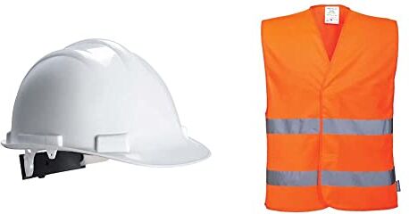 Portwest PW50WHR Elmetto Edurance Safety, Bianco, 55-62 & C474ORRL/XL Gilet ad Alta Visibilit & agrave; & nbsp; con Due Bande, Arancione, LXL