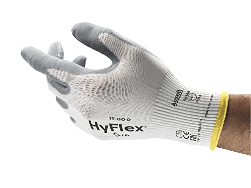 Ansell HyFlex 11-800 Guanti da Lavoro Professionali, Rivestimento in Nitrile Resistente all'Abrasione, Protezione Professionale per Usi Generali e Meccanici, Bianco, Taglia L (12 Paia)