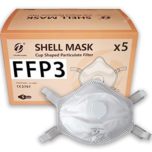 Crown 5x FFP3 Mascherine protettive respiratori facciali con Valvola, certificate e conformi CE, confezione da 5