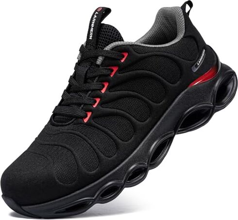 LARNMERN Scarpe Antinfortunistiche Uomo Moda Scarpe Antinfortunistica Leggere Comodo con Punta in Acciaio Ammorti Scarpe da Lavoro Traspiranti(Nero e Rosso,38.5 EU)