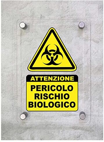 Social Crazy CARTELLO IN PLEXIGLASS SEGNALETICO PERICOLO RISCHIO BIOLOGICO Con Distanziali in acciaio inox e Stampa U.V. (15x21 cm)