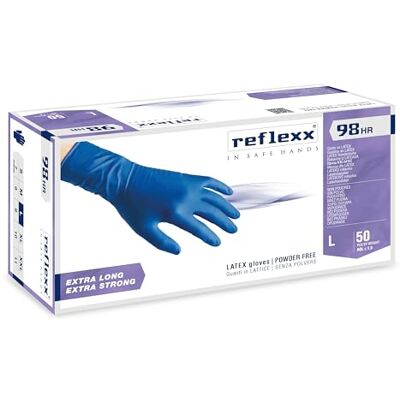 Reflexx R98, Guanti Hi-Risk in Lattice senza Polvere Gr. 18.5, 50 Pezzi, Blu Reflexx R98, Guanti Hi-Risk in Lattice senza Polvere Gr. 18.5, 50 Pezzi, Blu