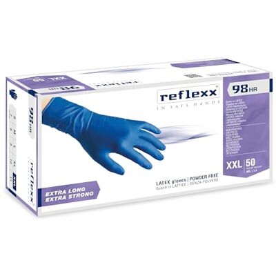 Reflexx R98, Guanti Hi-Risk in Lattice senza Polvere Gr. 18.5, 50 Pezzi, Blu Reflexx R98, Guanti Hi-Risk in Lattice senza Polvere Gr. 18.5, 50 Pezzi, Blu