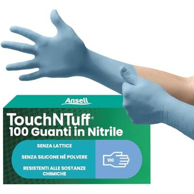 Ansell TouchNTuff 92-665 Guanti Monouso in Nitrile, Senza Polvere, Alta Resistenza Chimica e Meccanica, Protezione degli Alimenti, Usi Professionali e Industriali, Blu, Taglia L (100 Guanti) Ansell TouchNTuff 92-665 Guanti Monouso in Nitrile, Senza Polvere, Alta Resistenza Chimica e Meccanica, Protezione degli Alimenti, Usi Professionali e Industriali, Blu, Taglia L (100 Guanti)