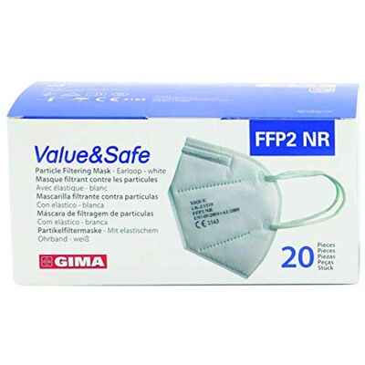 GIMA Mascherina Filtrante FFP2 Value&Safe, 5 Strati, Colore Bianco, Ergonomica, Pieghevole, Antipolvere, Elastici Flessibili ed Estensibili, DPI Classe III, 20 Unità in Bustine Singole, GB,FR,ES,PT,DE GIMA Mascherina Filtrante FFP2 Value&Safe, 5 Strati, Colore Bianco, Ergonomica, Pieghevole, Antipolvere, Elastici Flessibili ed Estensibili, DPI Classe III, 20 Unità in Bustine Singole, GB,FR,ES,PT,DE