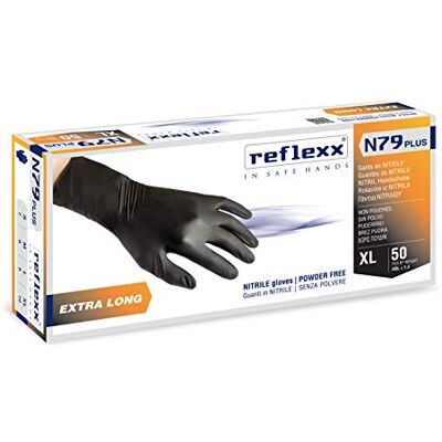 Reflexx N79P, Guanti in Nitrile senza Polvere Extra Lungo 30 Cm, Gr 7.7, 50 Pezzi, Nero, M Reflexx N79P, Guanti in Nitrile senza Polvere Extra Lungo 30 Cm, Gr 7.7, 50 Pezzi, Nero, M