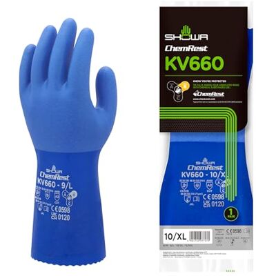 SHOWA KV660, Gant de protection chimique et contre les coupures, triple enduction de PVC sur doublure renforcée en Kevlar, finition rugueuse pour une résistance supérieure aux huiles et à l'abrasion, SHOWA KV660, Gant de protection chimique et contre les coupures, triple enduction de PVC sur doublure renforcée en Kevlar, finition rugueuse pour une résistance supérieure aux huiles et à l'abrasion,